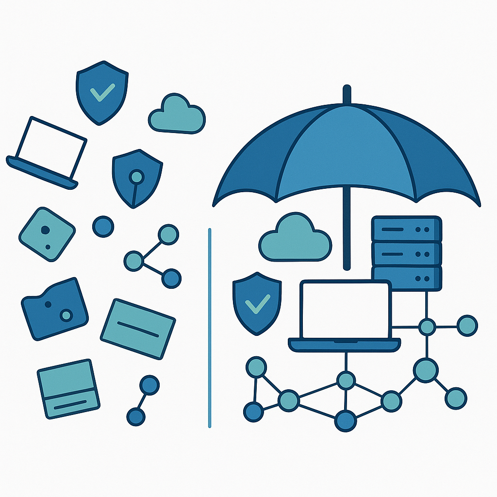 Conceptual illustration showing IT elements being organized and protected under a managed services umbrella, representing comprehensive IT support for small businesses