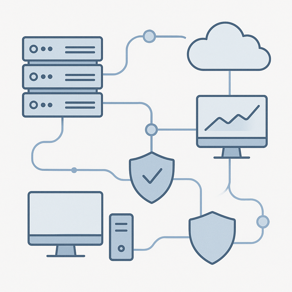 Network diagram illustration showing interconnected IT infrastructure components including servers, computers, cloud services, and security systems being monitored through managed IT services