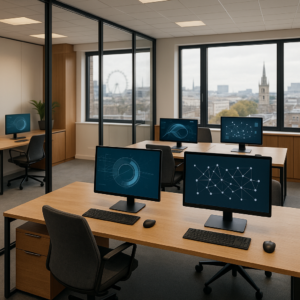 Modern London office workspace with multiple computer workstations and technology displays, representing managed it services for london smes